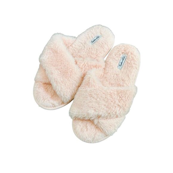 NEW Splendid Women’s S/M Slip On Light Pink Plush Cross Slide Slippers - Picture 3 of 5